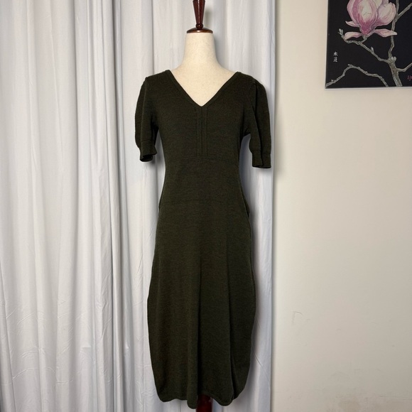 Talbots Dresses & Skirts - Talbots Olive Green Ribbed Knit Dress Wool Blend V Neck Short Sleeve Small
